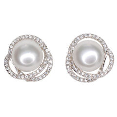 Sterling Silver Button Freshwater Pearl and Cubic Zirconia Flower Earrings