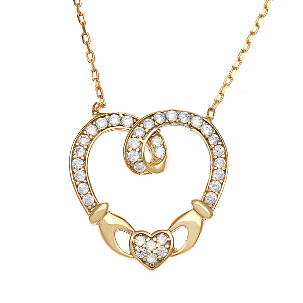 Rose Gold Plated Sterling Silver Cubic Zirconia Claddagh Heart Necklace