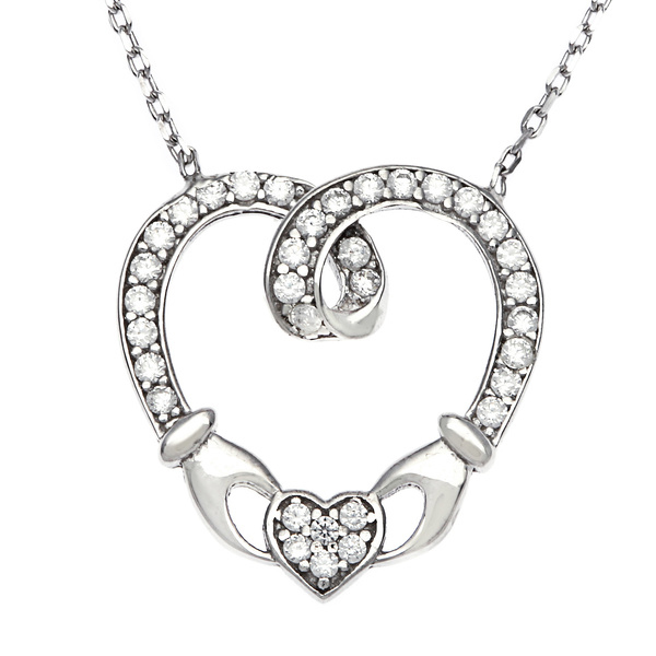 Rose Gold Plated Sterling Silver Cubic Zirconia Claddagh Heart Necklace