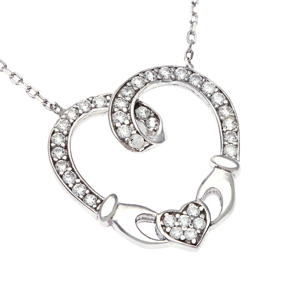 Rose Gold Plated Sterling Silver Cubic Zirconia Claddagh Heart Necklace