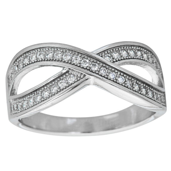 Rhodium Plated Sterling Silver Micropave Cubic Zirconia Crossover Ring