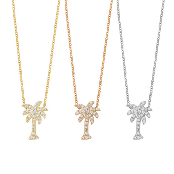 Hot Sale 14K Gold Plated Sterling Silver Cubic Zirconia Plam Tree Necklace
