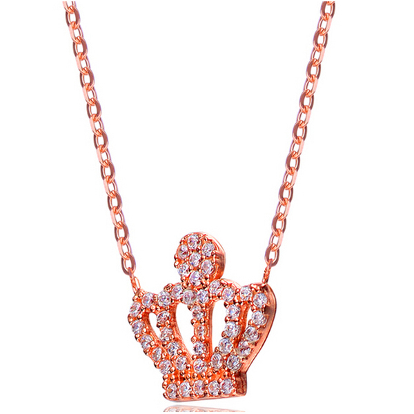 Fashion Sterling Silver Cubic Zirconia Rose Gold Plated Crown Shape Necklace