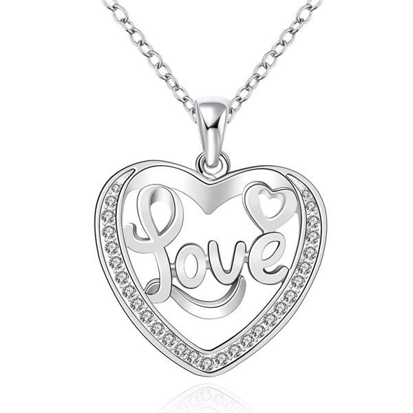 Women Jewelry 925 Sterling Silver Cubic Zirconia Love Heart Pendant Necklace