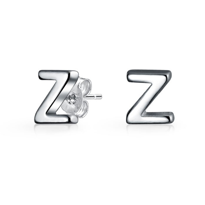 Small 925 Sterling Silver Modern Alphabet Letter Z Initial Stud Earrings