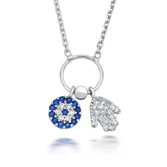 White and Blue Sapphire CZ Evil Eye Hamsa Hand Multi Charm Necklace