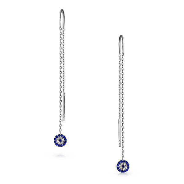 925 Sterling Silver Simulated Sapphire CZ Evil Eye Chain Threader Earrings