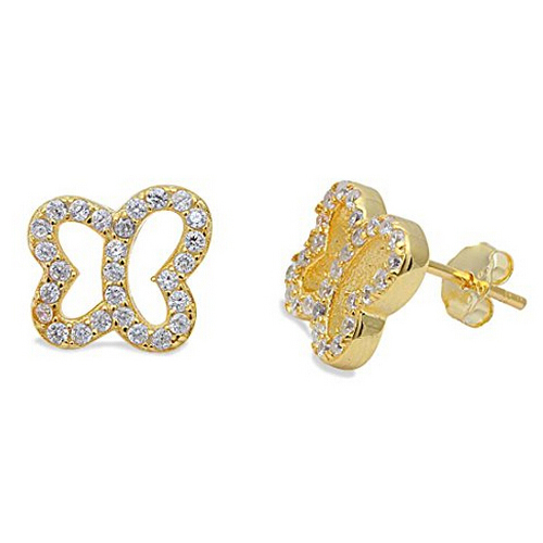 Yellow Gold Plated Brilliant Cubic Zirconia Butterfly Silver Stud Earrings