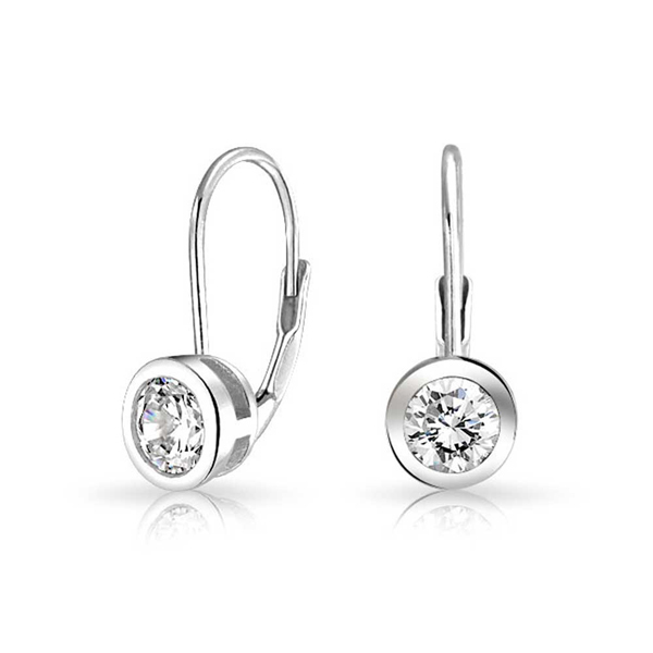 Sterling Silver Bezel Round Cubic Zirconia Leverback Earrings for Teens