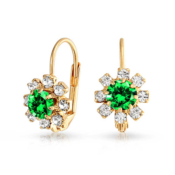 Sterling Silver White and Emerald Cubic Zirconia Flower Leverback Earrings