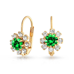 Sterling Silver White and Emerald Cubic Zirconia Flower Leverback Earrings