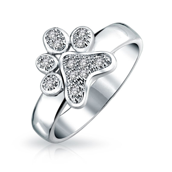Pave Cubic Zirconia Puppy Dog Animal Paw Print Ring in 925 Silver