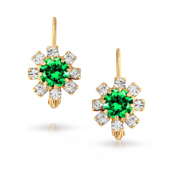 Sterling Silver White and Emerald Cubic Zirconia Flower Leverback Earrings