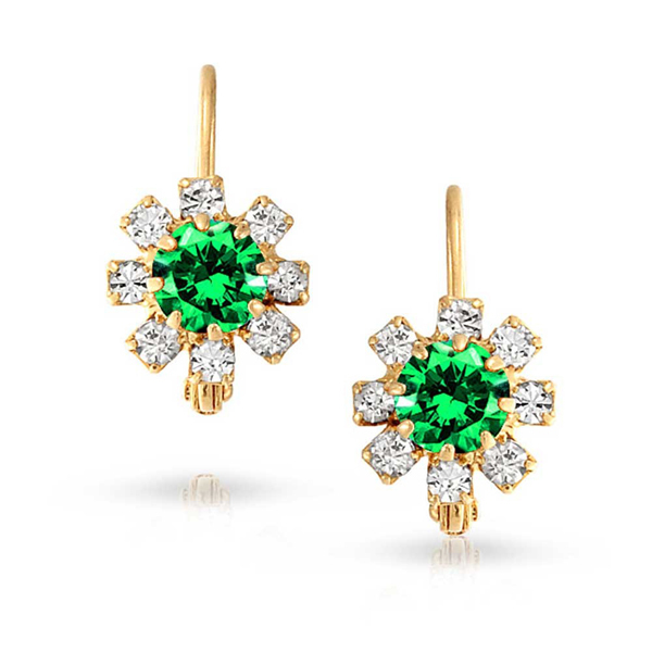 Sterling Silver White and Emerald Cubic Zirconia Flower Leverback Earrings
