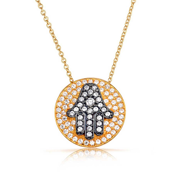 Two Tone plated CZ Hamsa Hand Medallion Necklace in 925 Sterling Silver