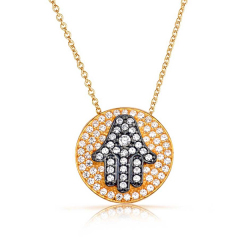 Two Tone plated CZ Hamsa Hand Medallion Necklace in 925 Sterling Silver
