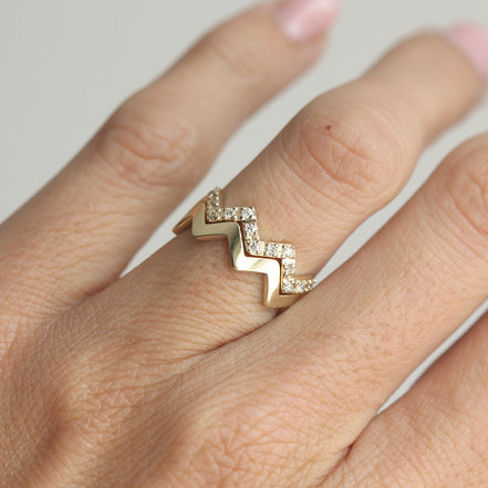 Women Jewelry Yellow Gold Micropave CZ Wave Shape Silver Ring Set