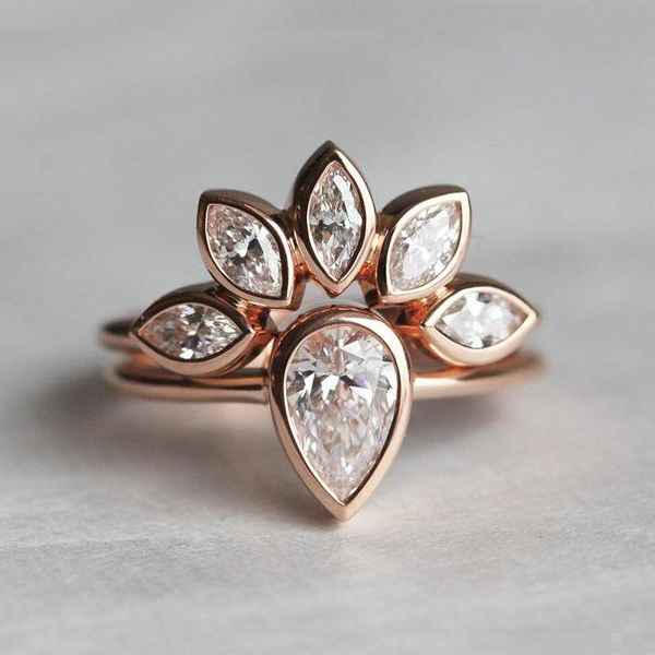 925 Silver Pear Engagement Diamond Ring Set with Marquise Diamond Crown