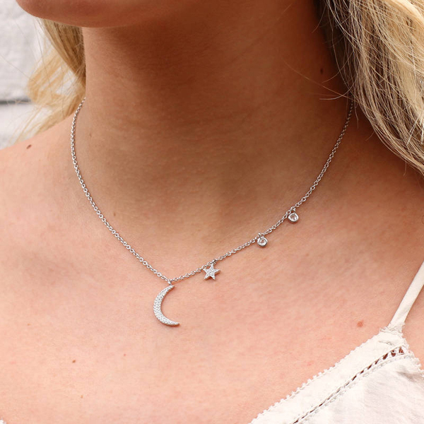 Fancy Jewelry Sterling Silver Moon and Star CZ by the Yard Necklace
