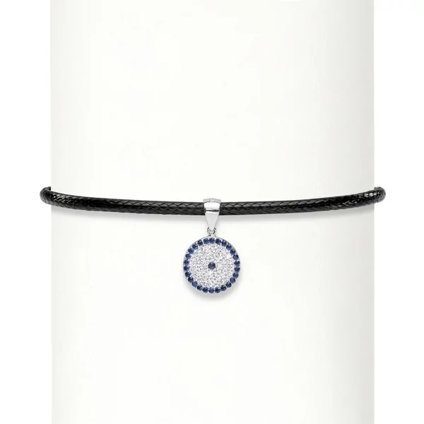 Blue Sapphire and White CZ Evil Eye Halo Charm Braided Black Rope Choker Necklace