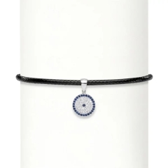 Blue Sapphire and White CZ Evil Eye Halo Charm Braided Black Rope Choker Necklace
