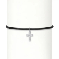 Fashion Cubic Zirconia Sterling Silver Cross Braided Black Rope Choker Necklace