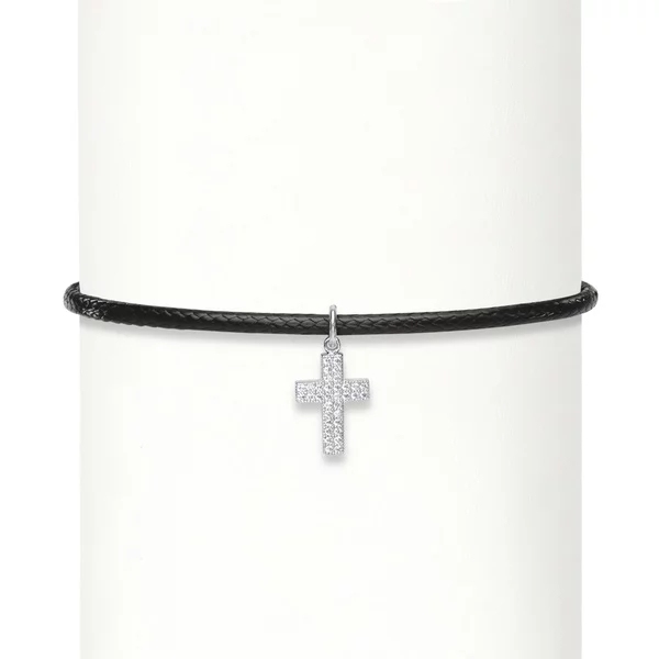 Fashion Cubic Zirconia Sterling Silver Cross Braided Black Rope Choker Necklace
