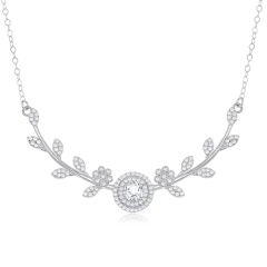 925 Silver Round Center CZ with Flower and Leafs Necklace for Party