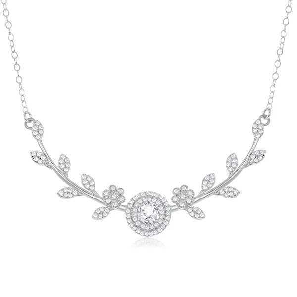 925 Silver Round Center CZ with Flower and Leafs Necklace for Party
