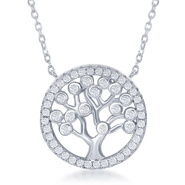 Sterling Silver Two Tone Plated Bezel-Set CZ Tree of Life Circle Necklace