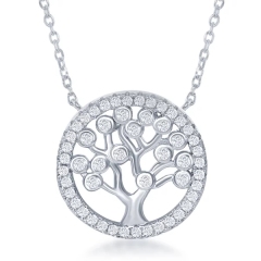 Sterling Silver Two Tone Plated Bezel-Set CZ Tree of Life Circle Necklace
