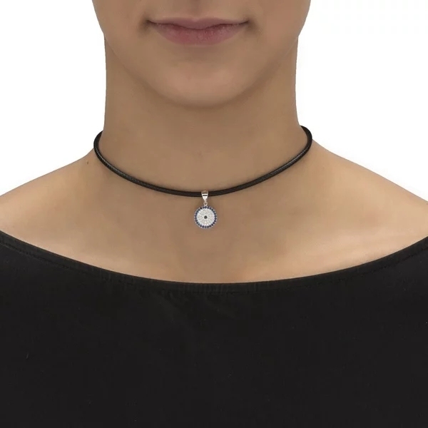 Blue Sapphire and White CZ Evil Eye Halo Charm Braided Black Rope Choker Necklace