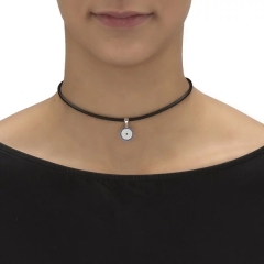 Blue Sapphire and White CZ Evil Eye Halo Charm Braided Black Rope Choker Necklace