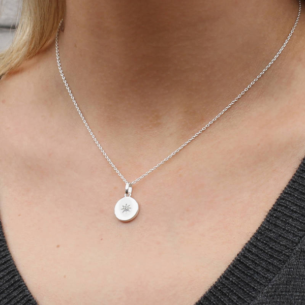 Pink Gold Plated Sterling Silver Solitaire Diamond Starburst Disc Necklace