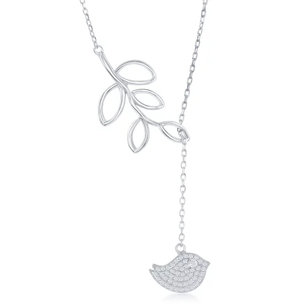 Sterling Silver with Hanging Pave Cubic Zirconia Leaf and Bird Lariant Necklace