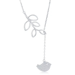 Sterling Silver with Hanging Pave Cubic Zirconia Leaf and Bird Lariant Necklace