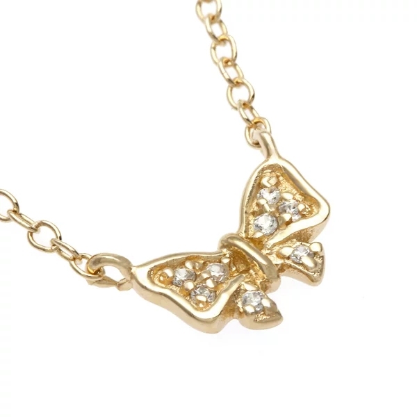 14K Gold Finished Sterling Silver Cubic Zirconia Small Bow Necklace for Girls