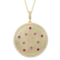 14K Gold Finished Sterling Silver Ruby Cubic Zirconia Round Circle Disc Pendant Necklace