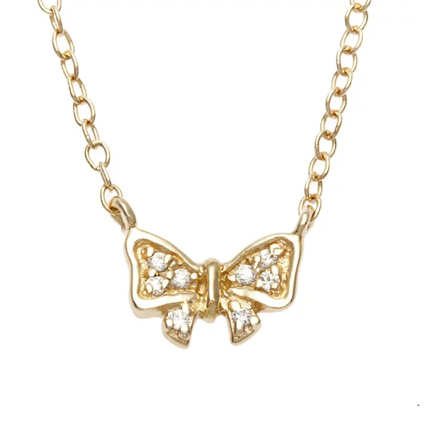 14K Gold Finished Sterling Silver Cubic Zirconia Small Bow Necklace for Girls