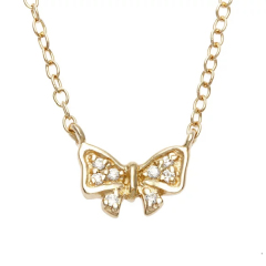 14K Gold Finished Sterling Silver Cubic Zirconia Small Bow Necklace for Girls