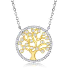 Sterling Silver Two Tone Plated Bezel-Set CZ Tree of Life Circle Necklace