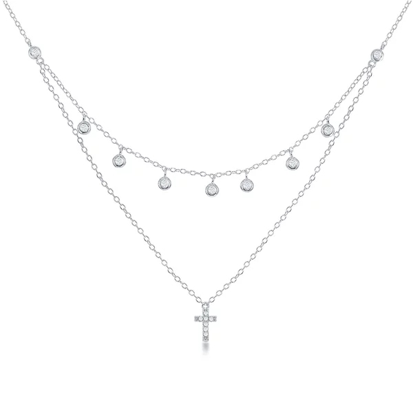 Sterling Silver Double Strand Bezel Set White CZ by the Yard Cross Necklace