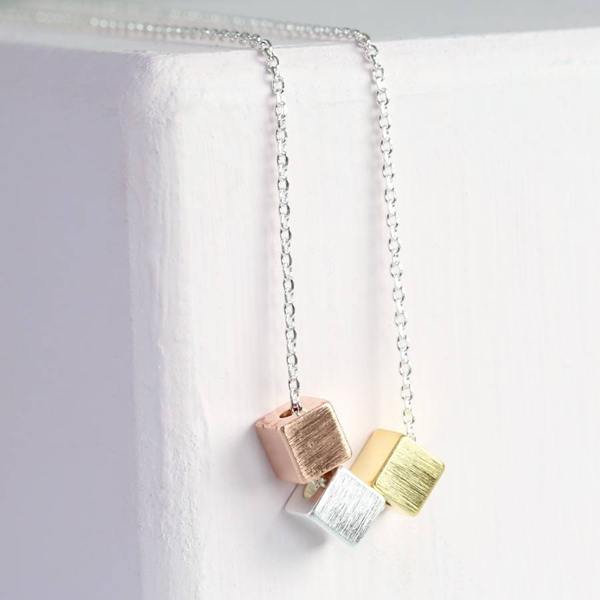 New Design Triple Mixed Plated Triple Silver Triple Cube Silver Necklace