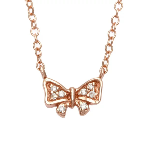14K Gold Finished Sterling Silver Cubic Zirconia Small Bow Necklace for Girls