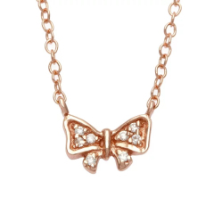 14K Gold Finished Sterling Silver Cubic Zirconia Small Bow Necklace for Girls