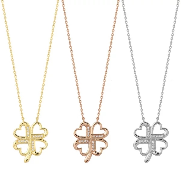 Sterling Silver White Cubic Zirconia Four Leaf Clover Necklace for Best Friends