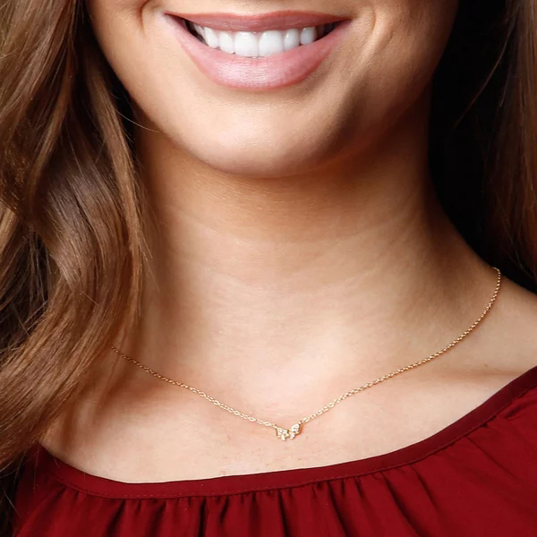 14K Gold Finished Sterling Silver Cubic Zirconia Small Bow Necklace for Girls