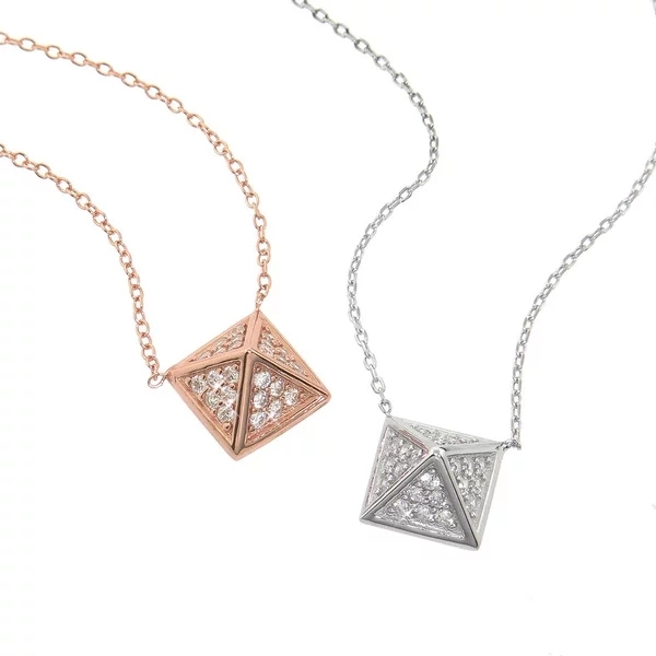 Women Jewelry Sterling Silver Pave Micropave Cubic Zirconia Pyramid Necklace