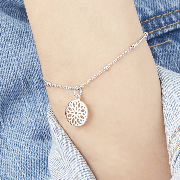 High Polish Sterling Silver Single Bead Chain Flower Charm Bracelet