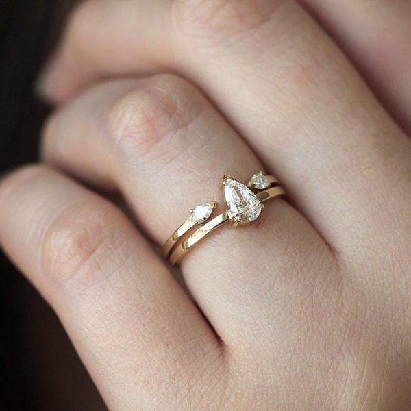 Sterling Silver Teardrop Cubic Zirconia Open Stacking Ring with Adjustable Size